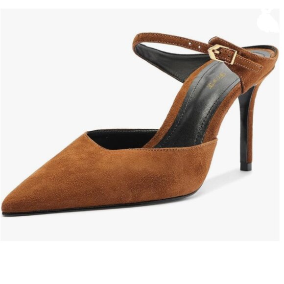 FOWT Brown Pointed Toe Slip on Mules Stiletto High Heel Backless Strappy Sandals - Picture 1 of 8